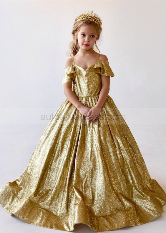 Gold Sequin V Back Floor Length Flower Girl Dress Little Girl Sparkle Dress